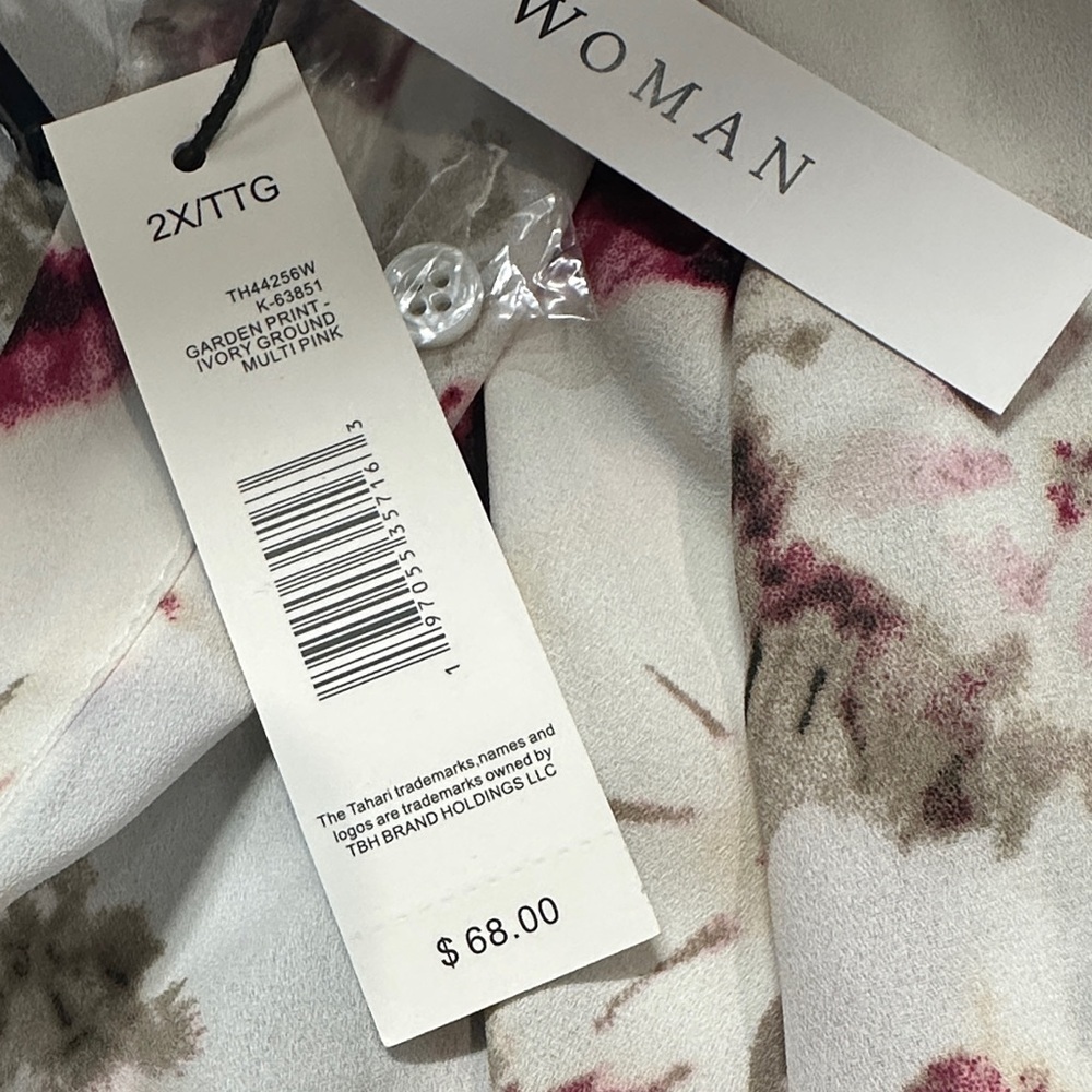 Tahari White Floral Blouse with Pink and Taupe Accents - Picture 6 of 7